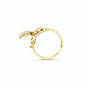 Angel Wings Drop Ring - 9K Yellow Gold Ring With Angel Wings Charm