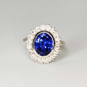 Oval Blue Sapphire and White Sapphire Cluster Ring - Argentium Silver
