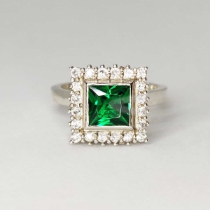 Princess Cut Emerald Ring With White Sapphire Cluster - Argentium Silver