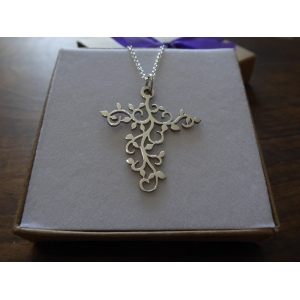 Silver Cross Necklace with Floral Pattern