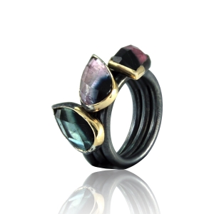Bi-Colour Tourmaline Ring Set in Black Silver & 9ct Gold