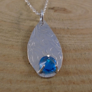 Sterling Silver Textured Blue Cubic Zirconia Teardrop Necklace
