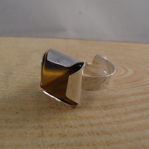 Sterling Silver Tigers Eye Pyramid Adjustable Ring with Textured Band