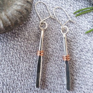 Silver drop bar earrings with copper trim