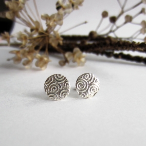 Fine Silver Spiral Pattern Stud Earrings | Textured Circle Earrings