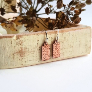 Hammered Copper Rectangular Drop Earrings | Sterling Silver Wires