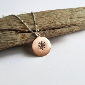 Hand Stamped Copper Dandelion Necklace on Sterling Silver Chain