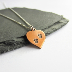 Hand Stamped Copper Heart Paw Print Necklace on Sterling Silver Chain