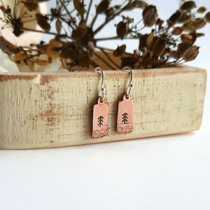 Hand Stamped Pine Tree Earrings | Copper and Sterling Silver