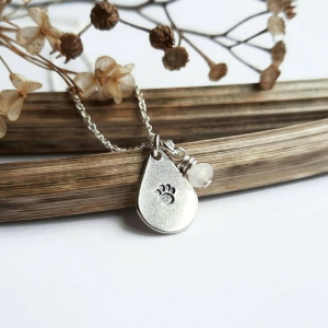 Hand Stamped Sterling Silver Paw Print Necklace with Rose Quartz Charm