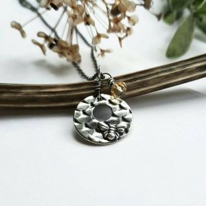Oxidised Fine Silver Bee Necklace with Citrine Gemstone Charm | November Birthstone
