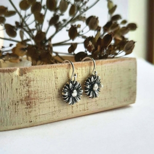 Oxidised Fine Silver Daisy Drop Earrings | April Birth Flower