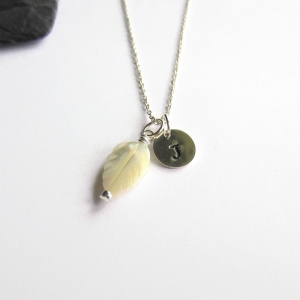 Personalised Mother of Pearl Leaf Necklace with Initial Charm | Sterling Silver