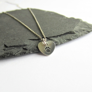 Sterling Silver Hand Stamped Paw Print Heart Necklace