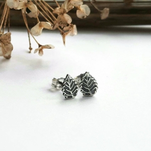 Sterling Silver Leaf Stud Earrings | Oxidised