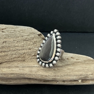 Large teardrop silver sheen obsidian stone ring with oxidised sterling silver ball embellishments