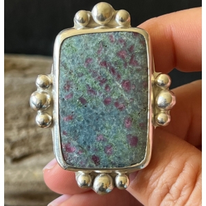 Large rectangle ruby in fuchsite stone sterling silver ring