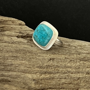 Square Hubei turquoise stone sterling silver ring