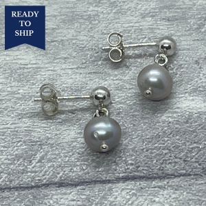 Cultured Freshwater Silver Pearl Drops on Sterling Silver Stud Earrings