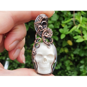 Ethically Sourced Carved Bone Skull Pendant, Handmade Copper Statment Necklace, Unique Vintage Gothic Wire Wrapped Accessory