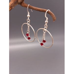 Sterling Silver Hoop & Red Crystal Drop Dangle Earrings