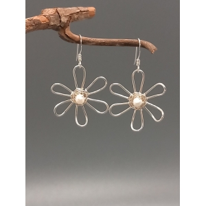 Fresh Water Pearl And Sterling Silver Flower Drop Dangle Earrings