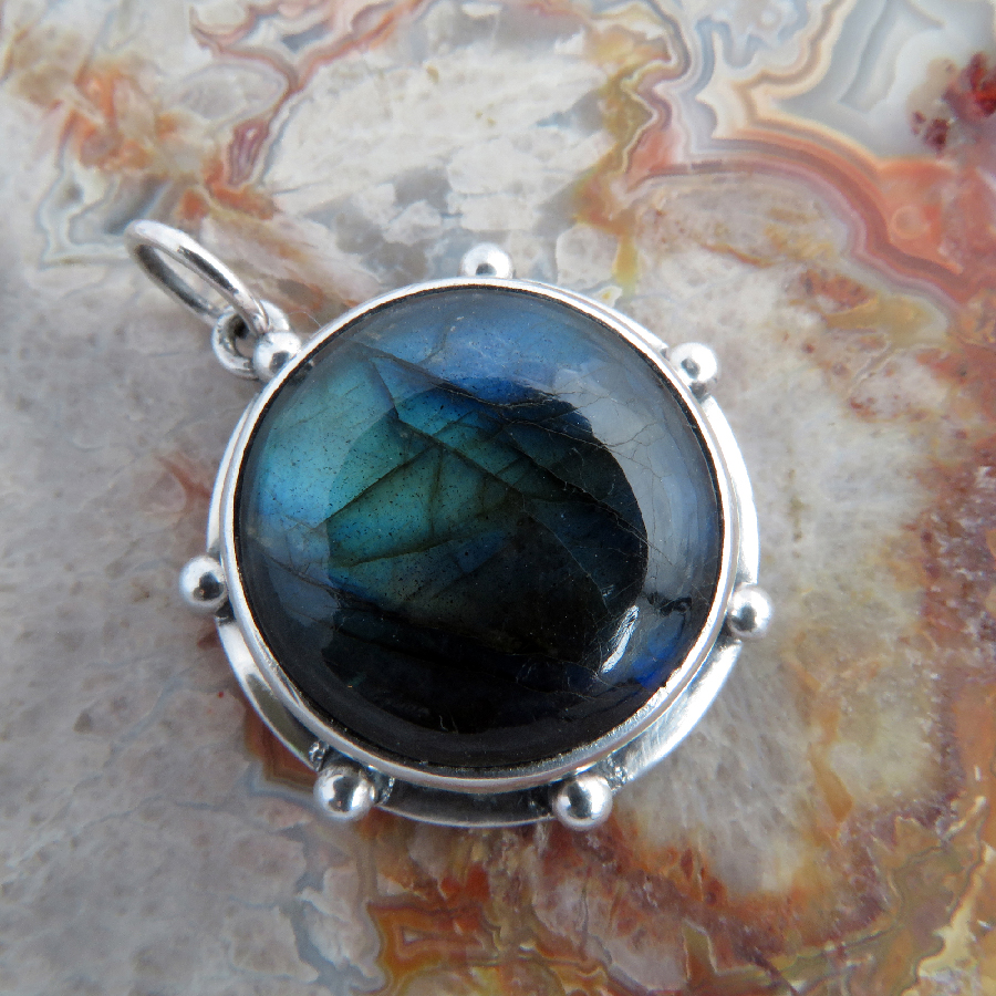 Round 7 Point Labradorite and Sterling Silver Pendant