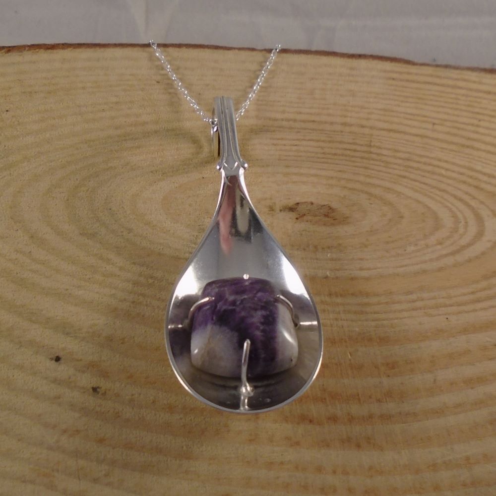 Upcycled Dutch Silver Spoon Necklace with Amethyst Cabochon