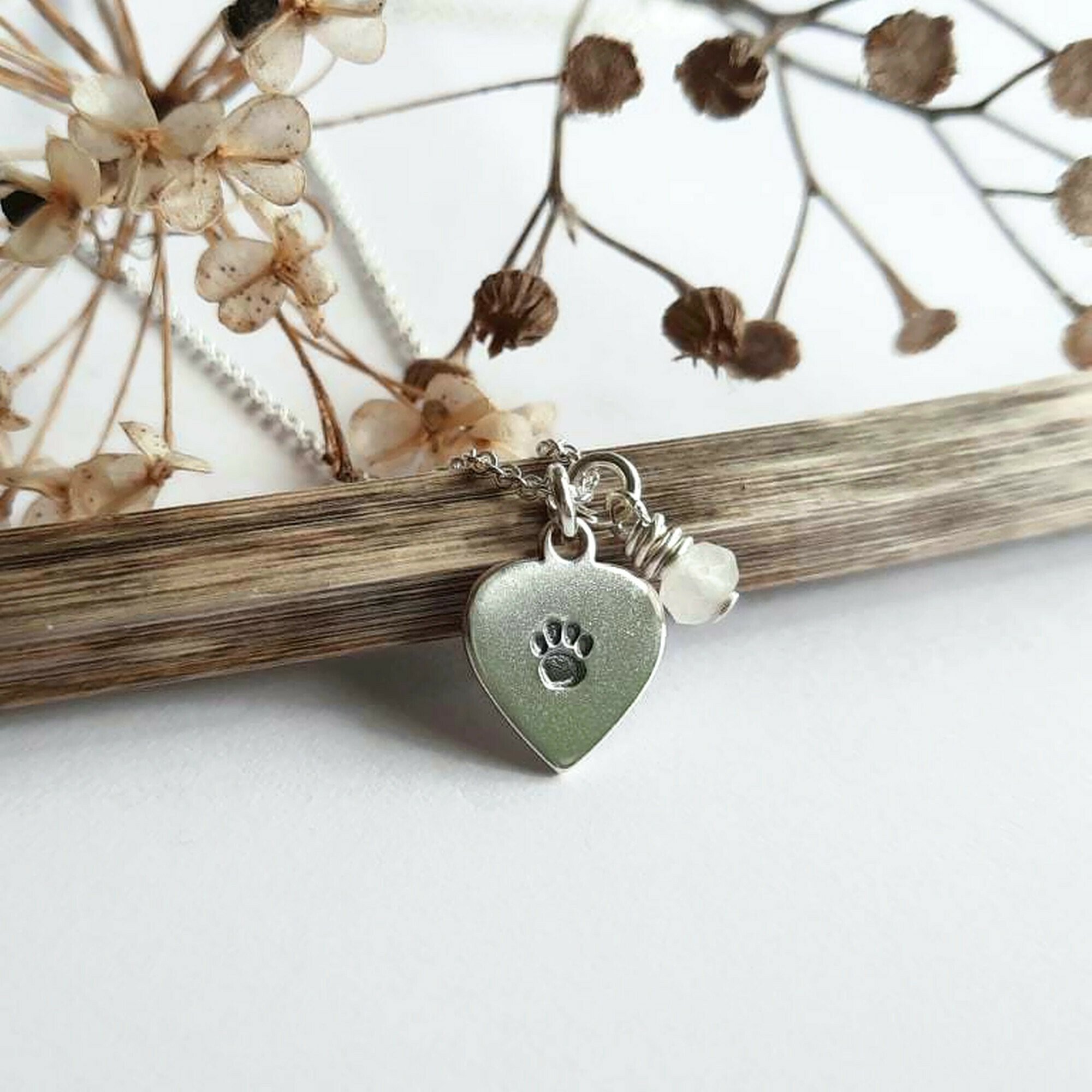 Sterling Silver Hand Stamped Paw Print Heart Necklace with Rose Quartz Charm