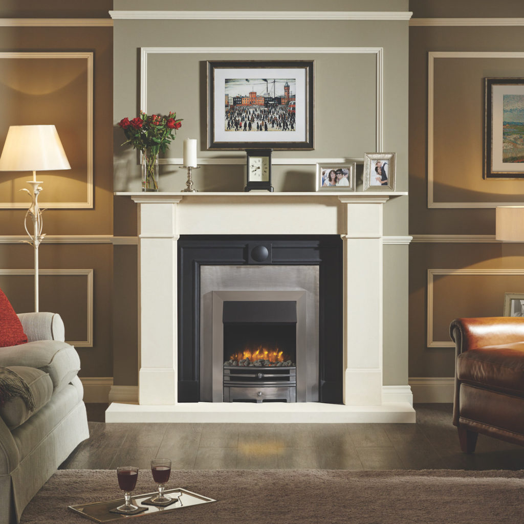 Logic Electric Chartwell with brushed steel effect frame and highlight polished front with grey pebble fuel effect.