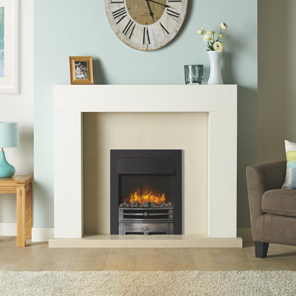 Logic2 Electric Chartwell with Highlight Polished front, Matt Black frame and Grey Pebble fuel bed. Shown with Stovax Malmo wooden mantel in white.