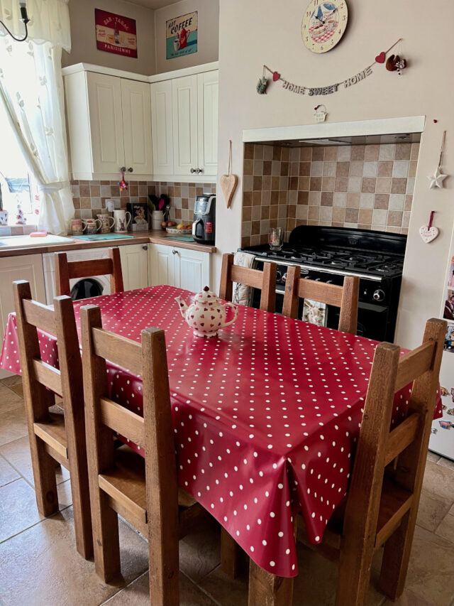 Just Dotty Cherry Wipe Clean Oilcloth tablecloth