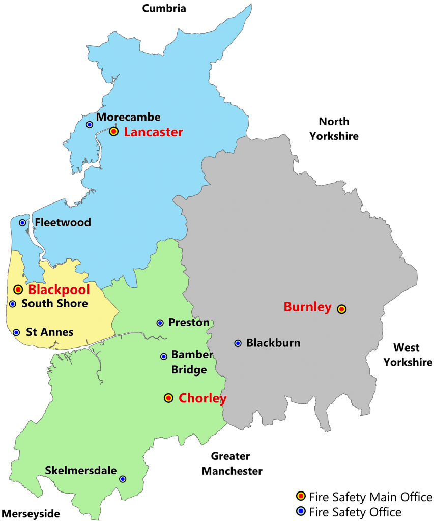 Map showing the fire safety offices in Lancashire