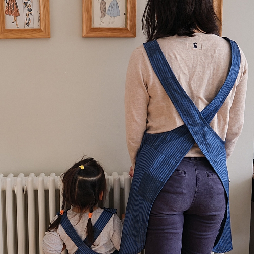 Mother & Daughter Matching Japanese Cross Back Style Aprons in Blue  Chambray Cotton