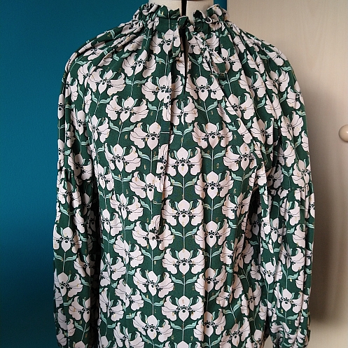 1960s70s Green & Blue Floral Flocked Fabric Semi Sheer Button Up Blouse