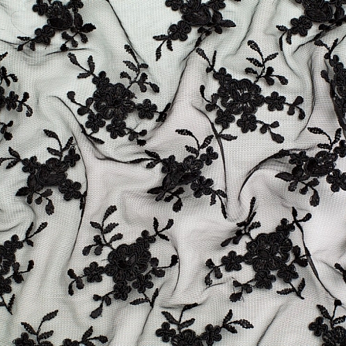 Black Polyester Floral Lace Fabric by the Metre