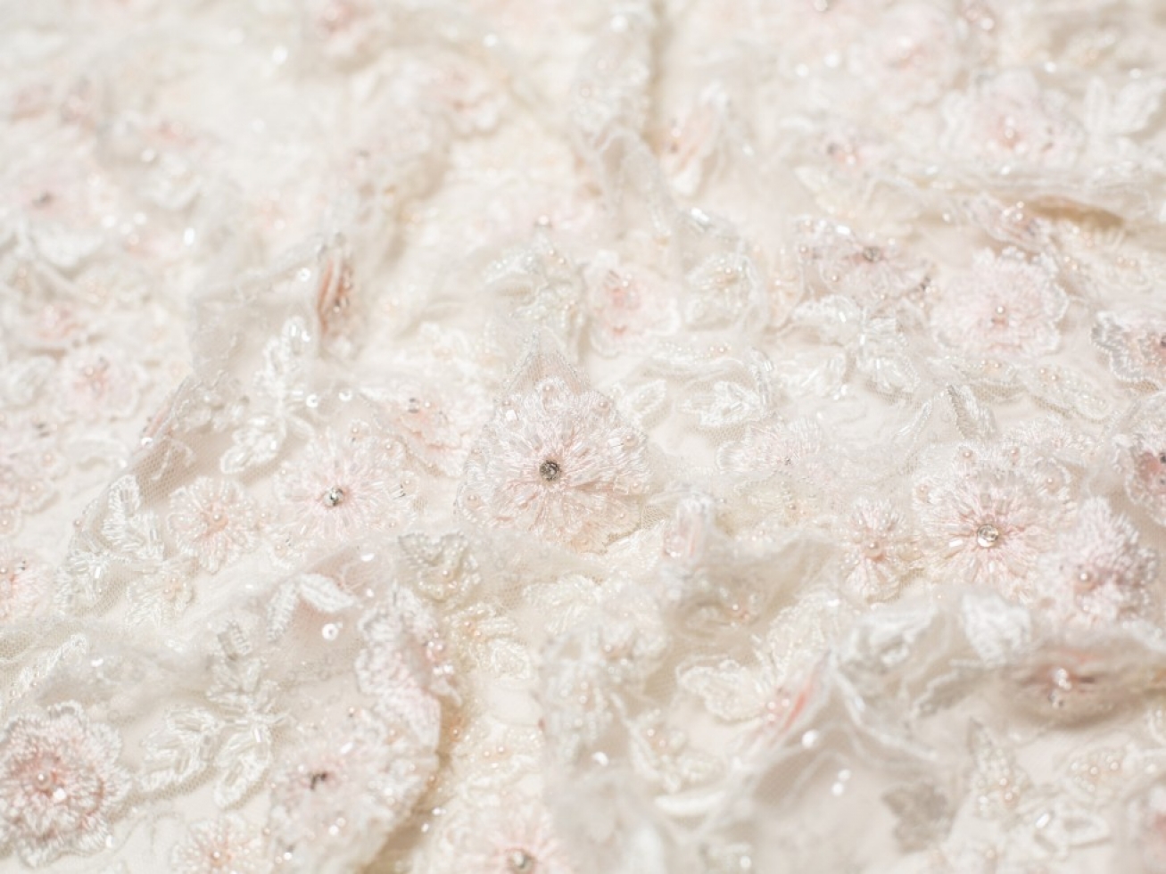 Minerva Core Range Claudia Beaded Lace Fabric Ivory & Blush Pink