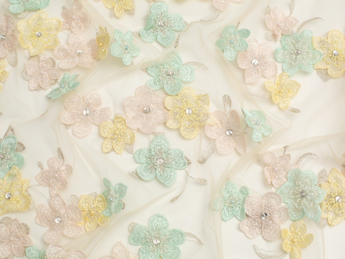 Minerva Core Range Louise Embroidered Lace Fabric Pink Aqua Lemon