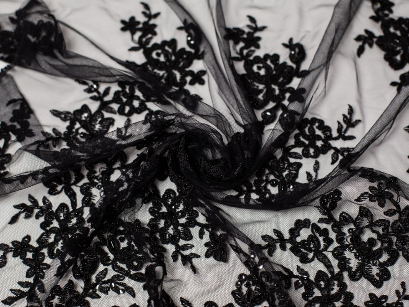 Minerva Core Range Naomi Beaded Lace Fabric Black