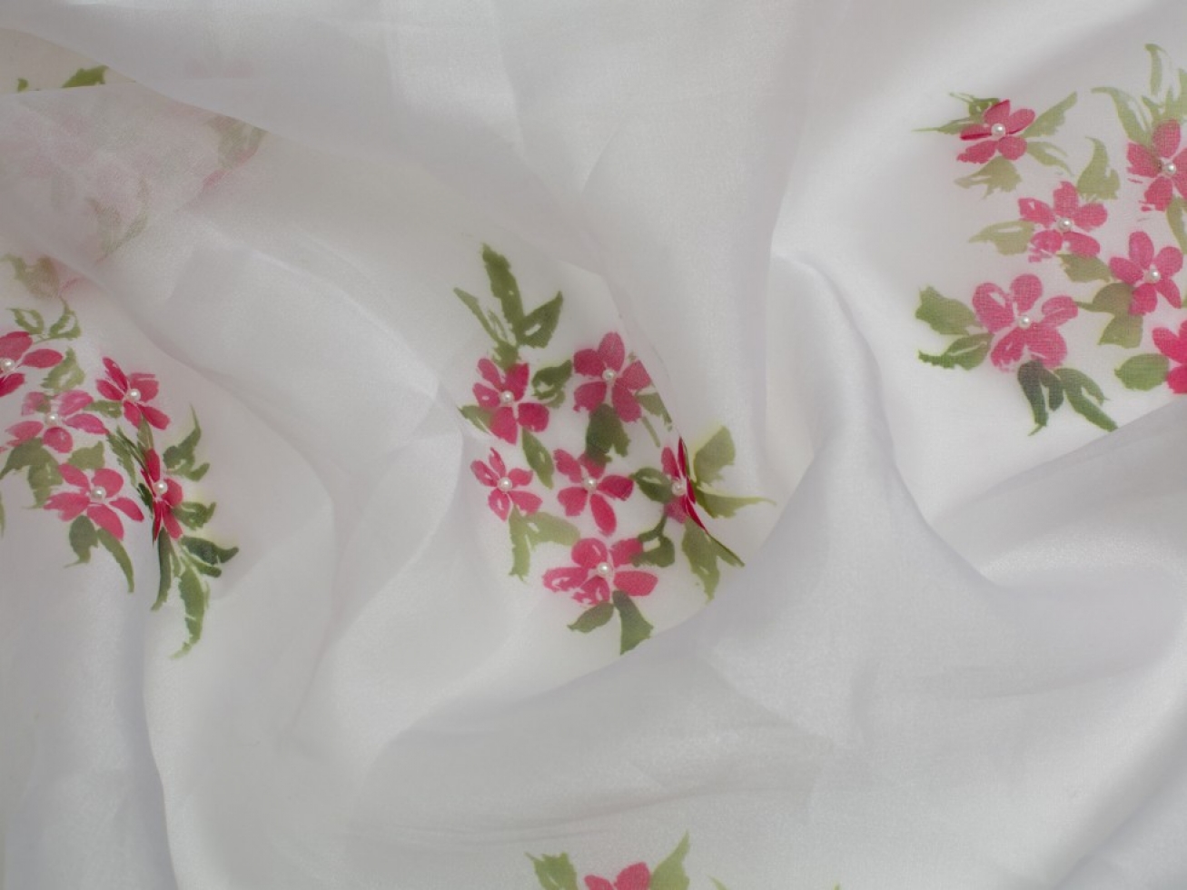 Minerva Core Range Posy Hand Painted Organza Fabric Ivory Pink Green