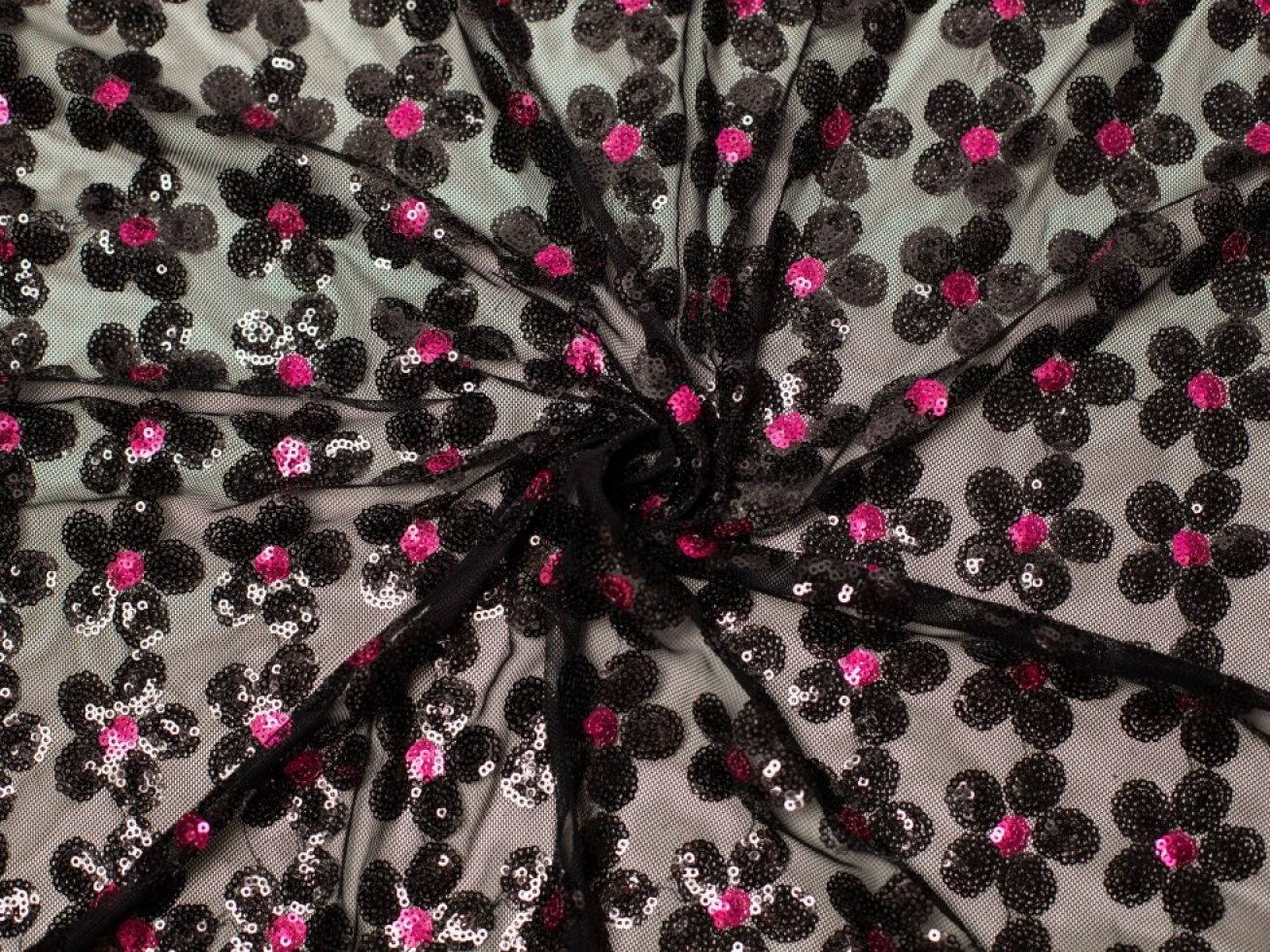 Reno Sequin Mesh Fabric Black & Pink