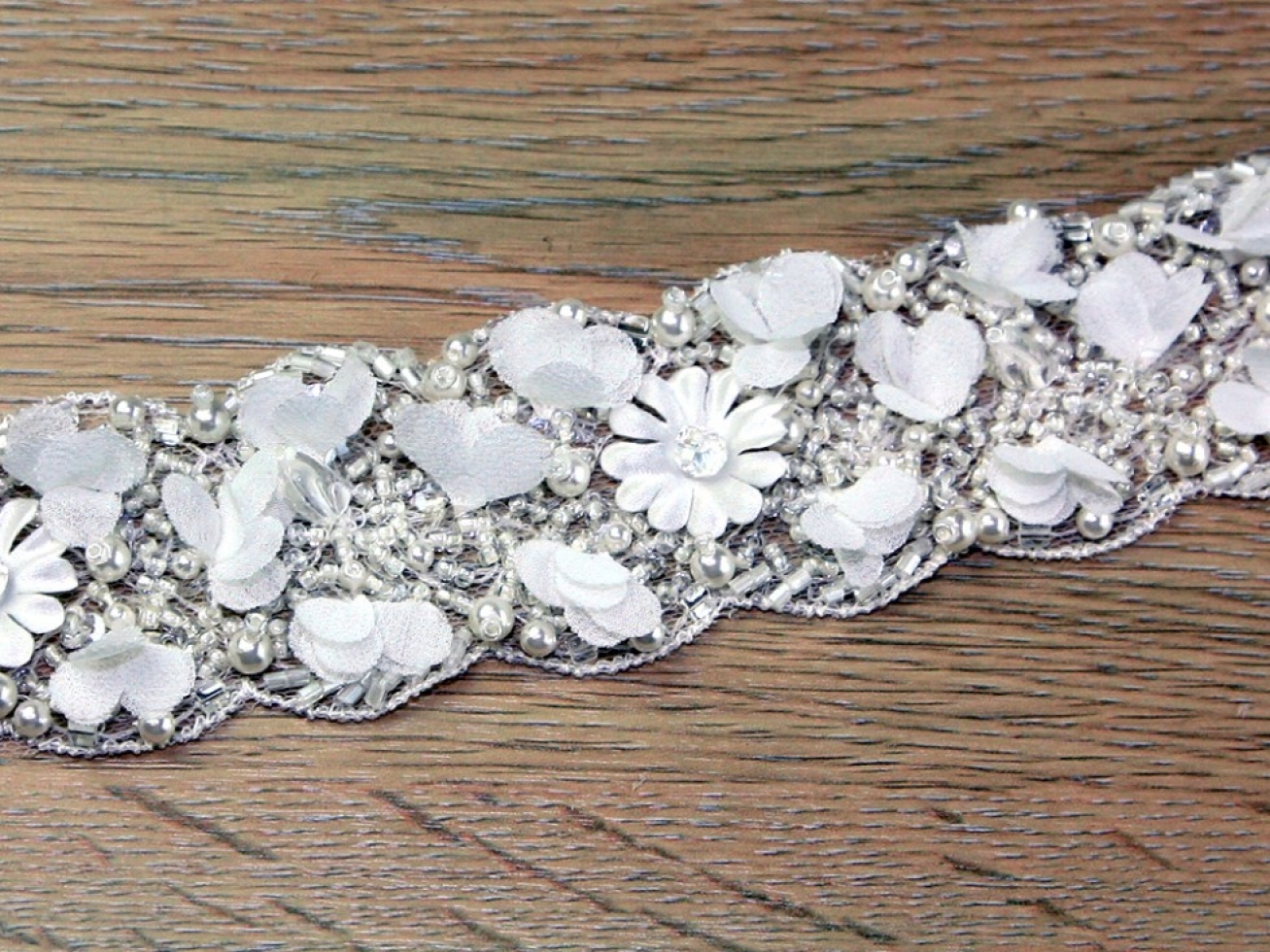 Beaded Flowers Lace Trim Ivory
