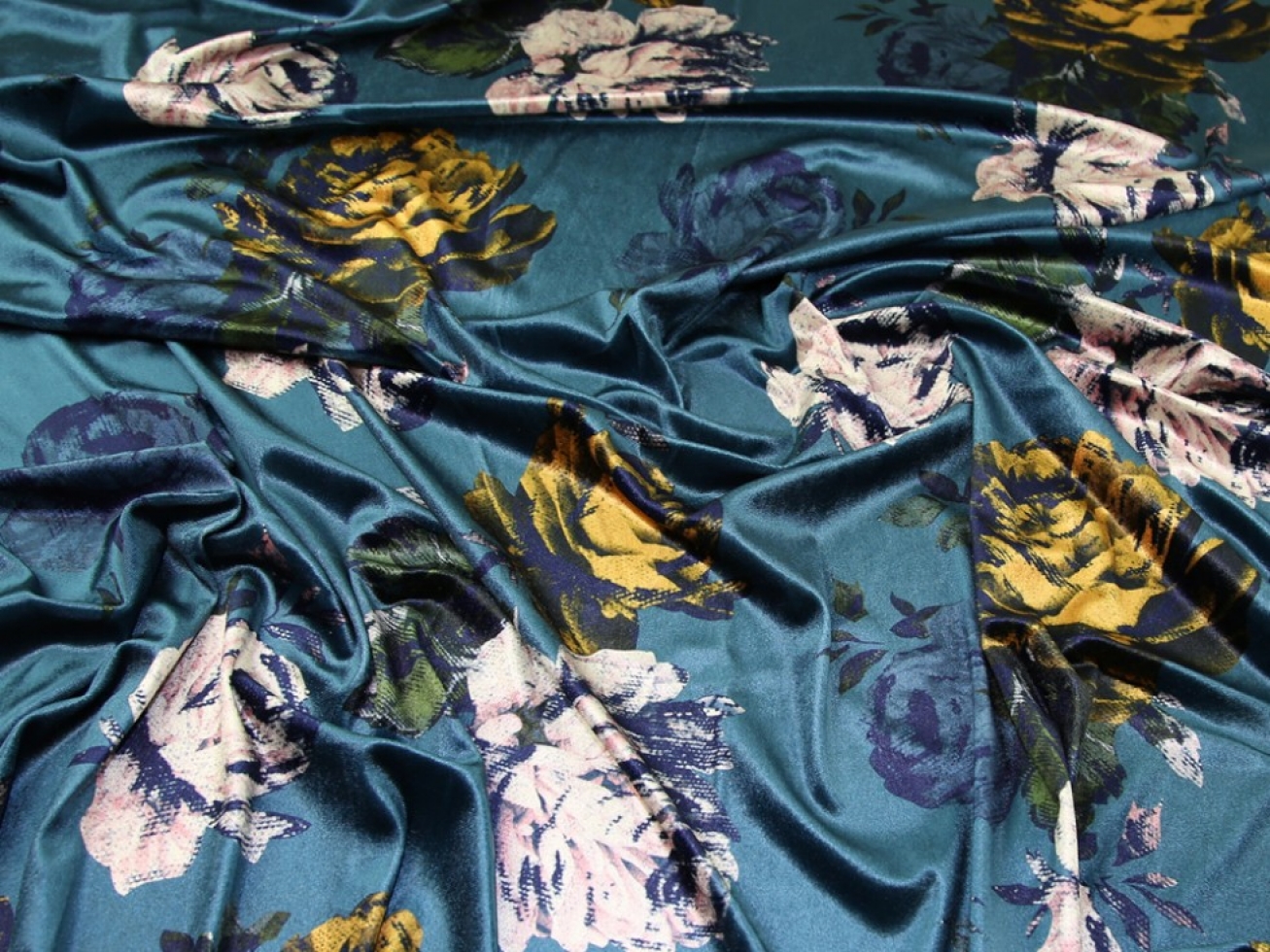John Kaldor Velvet Stretch Knit Fabric Gold & Teal