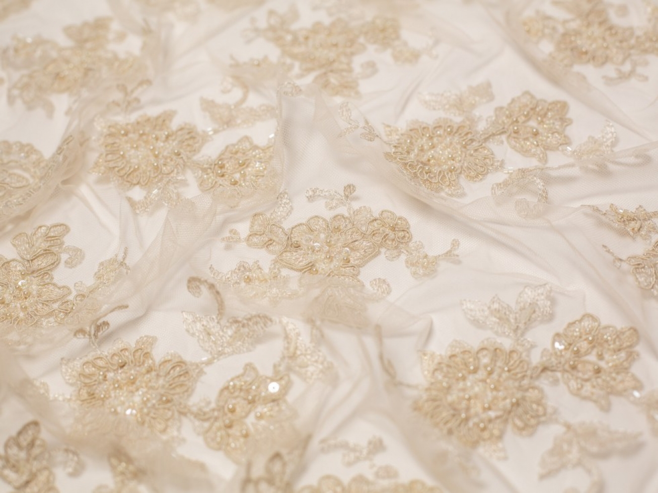Minerva Core Range Zara Beaded Lace Fabric Cappuccino