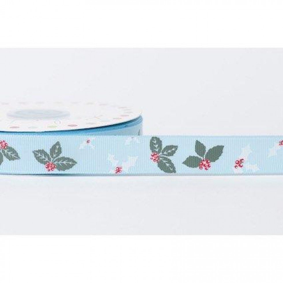 Reel Chic Leaf & Holly Grosgrain Ribbon Light Blue
