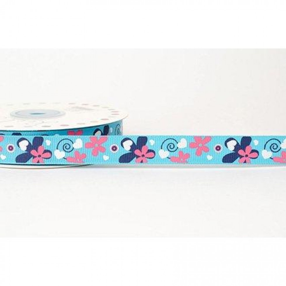 Reel Chic Flower & Heart Grosgrain Ribbon Turquoise