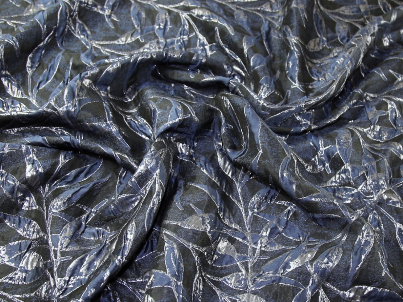 Textured Woven Brocade Fabric Steel Blue