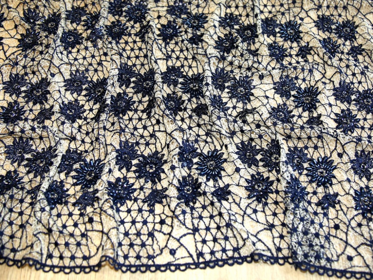 Beaded Embroidered Tulle Lace Fabric Navy Blue