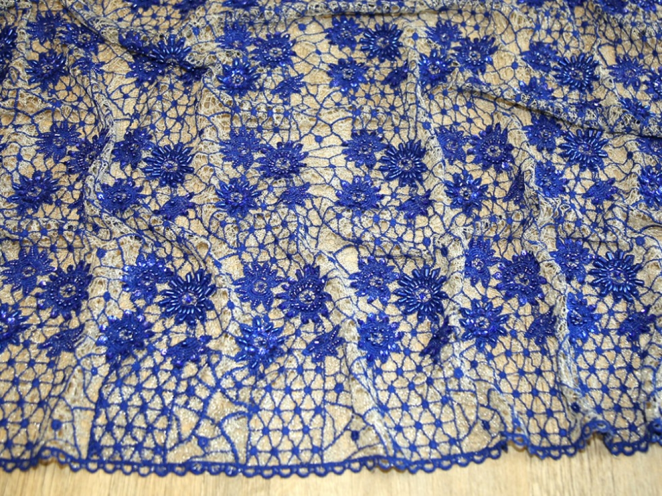 Beaded Embroidered Tulle Lace Fabric Royal Blue