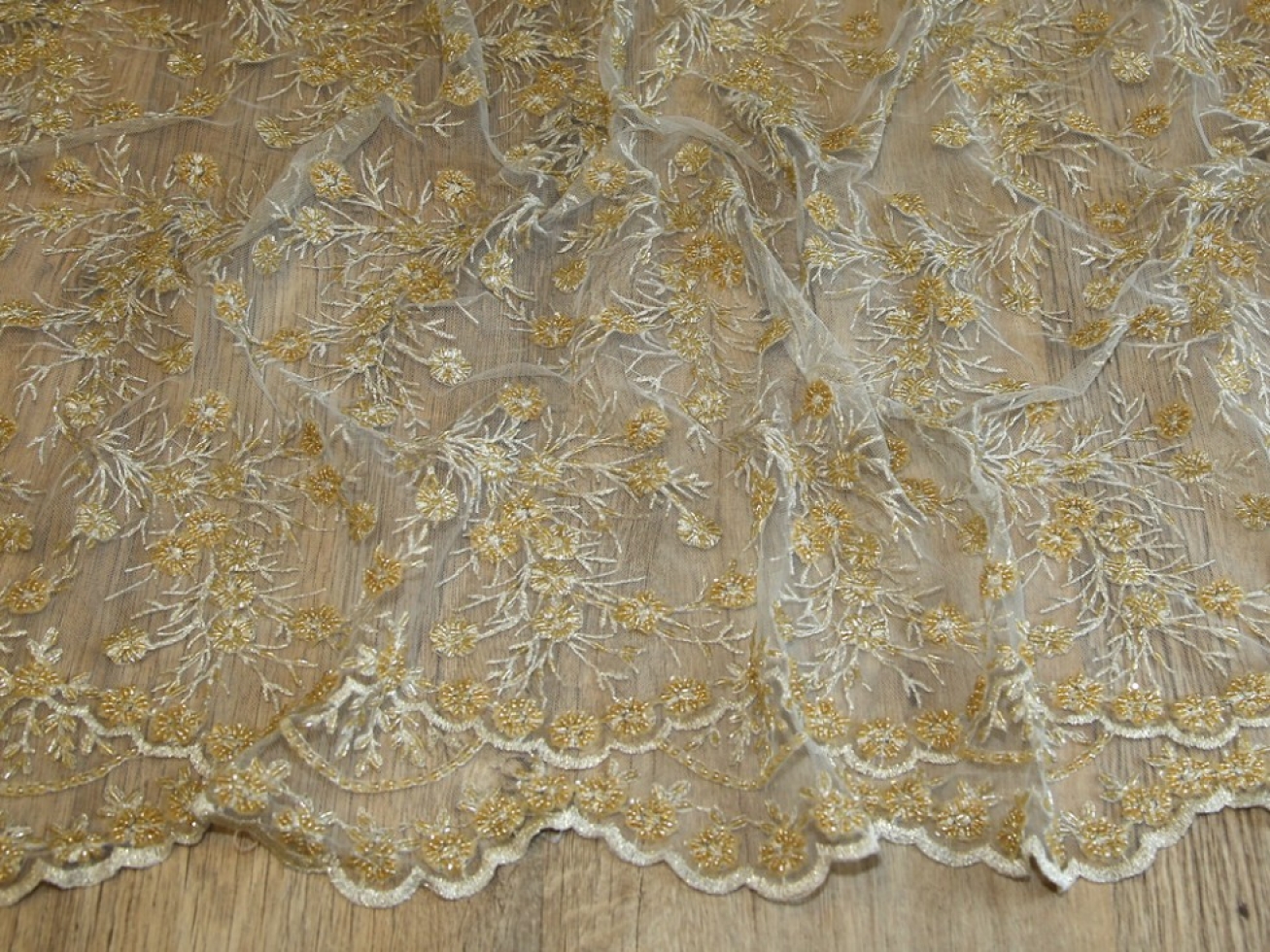 Beaded Embroidered Tulle Lace Fabric Gold